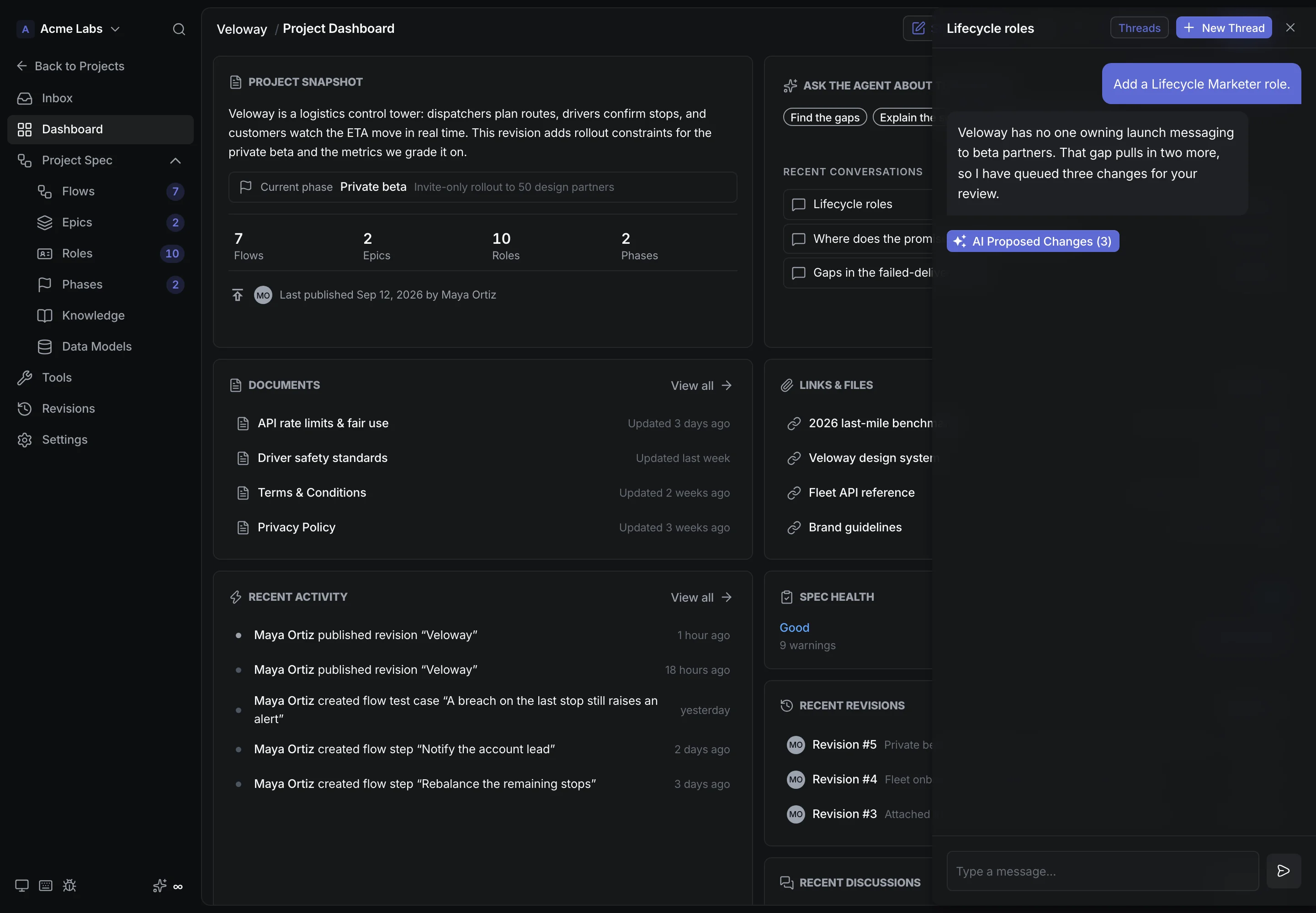 CrystalSpec agent page with example prompts for gaps, explain, and next revision