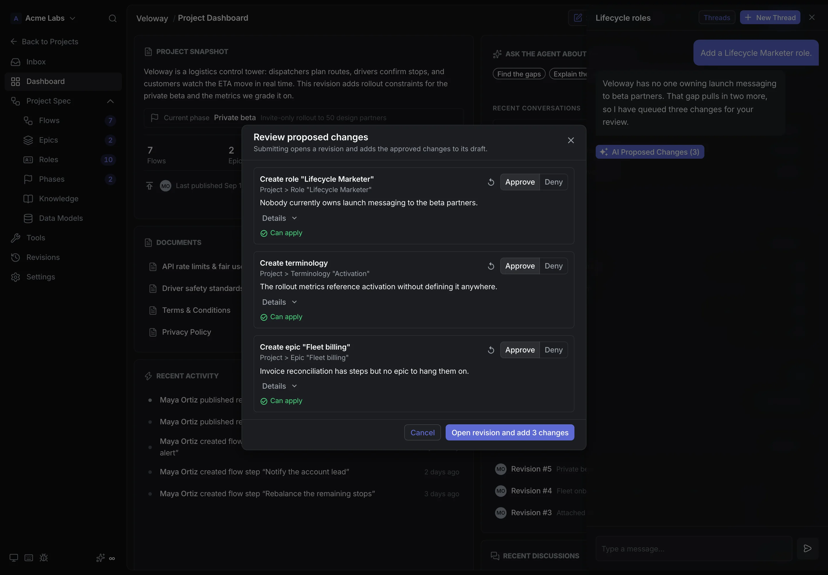 Review AI proposed changes modal with approve and deny controls