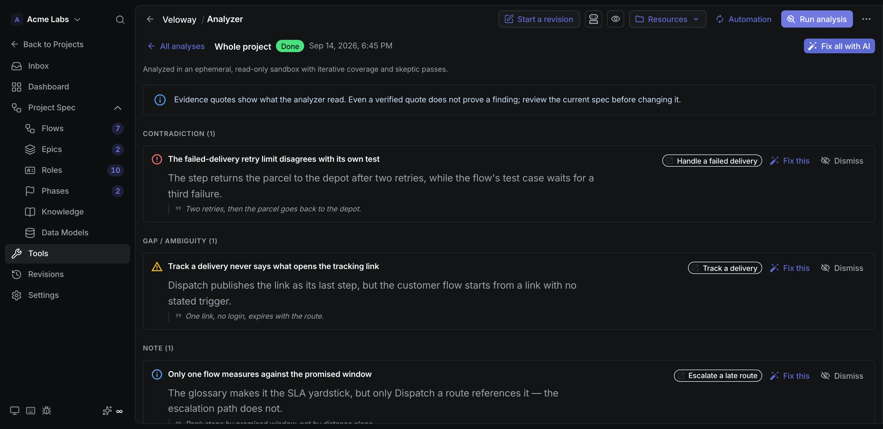 Inconsistency analyzer report with contradiction and note findings