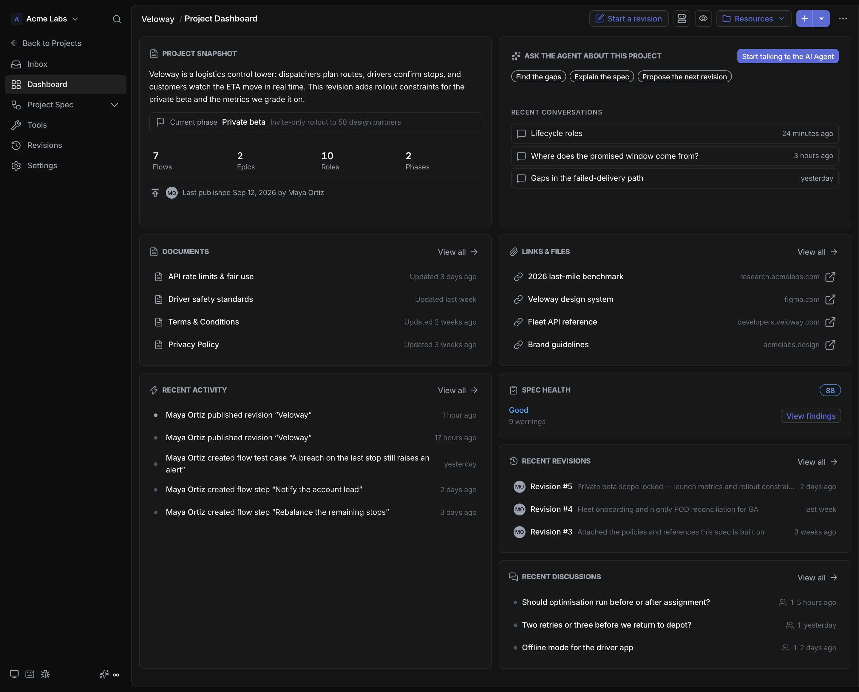CrystalSpec project dashboard for Veloway with flows, activity, revisions, and AI agent